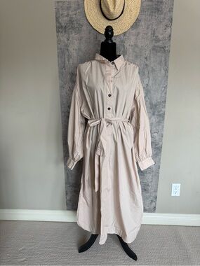 Banana Republic Belted Shirt Maxi Dress | XL | Neutral Beige | Like New